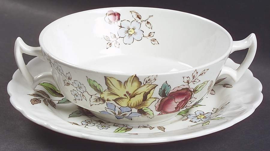 Flowerpiece Flat Cream Soup Bowl & Saucer Set by Booths-1