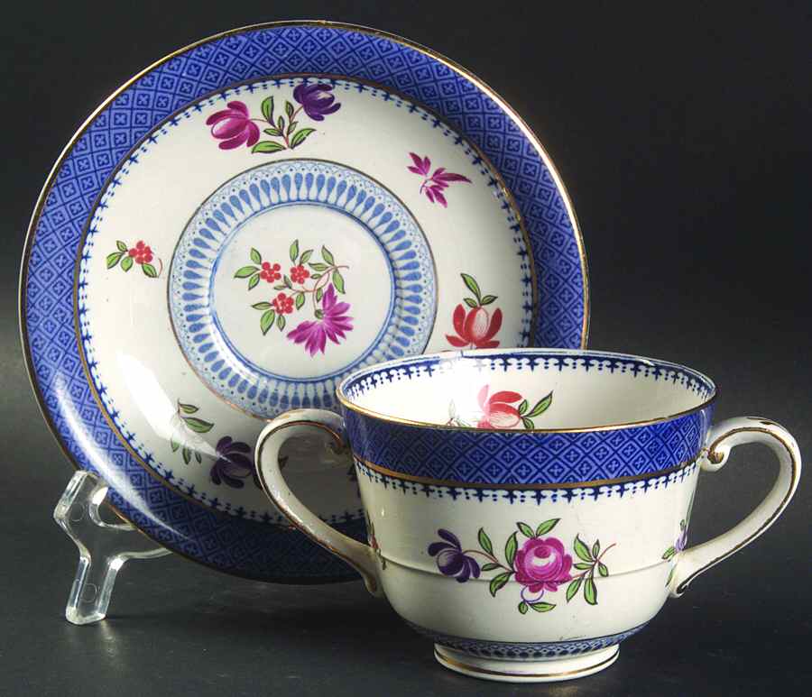 Lowestoft Border (With Flowers) Footed Bouillon Cup & Saucer by Booths-1