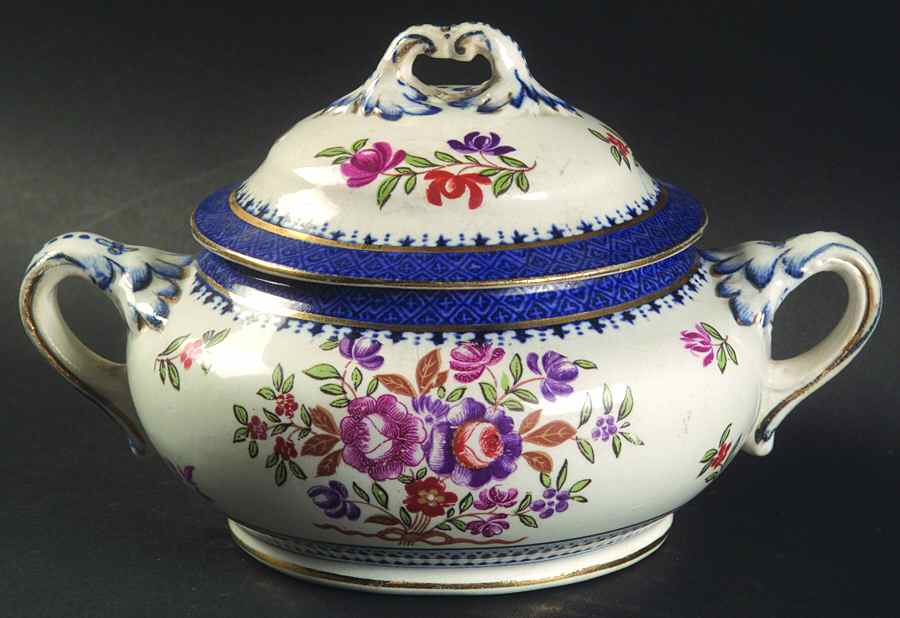 Lowestoft Border (With Flowers) Sugar Bowl & Lid by Booths-1