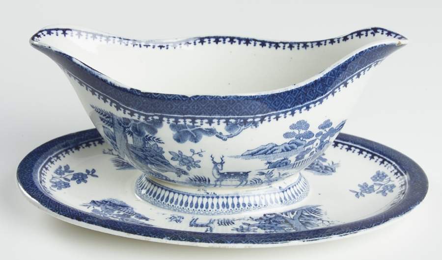 Lowestoft Deer (No Trim) Gravy Boat with Attached Underplate by Booths-1
