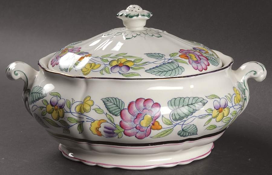 Mayfair (Pink & Yellow Flowers) Round Covered Vegetable by Booths-1