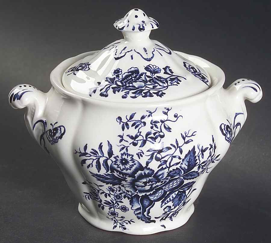 Peony Blue Sugar Bowl & Lid by Booths-1