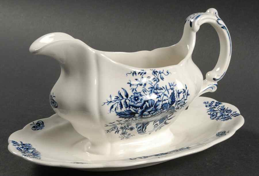 Peony Blue Gravy Boat with Attached Underplate by Booths-1