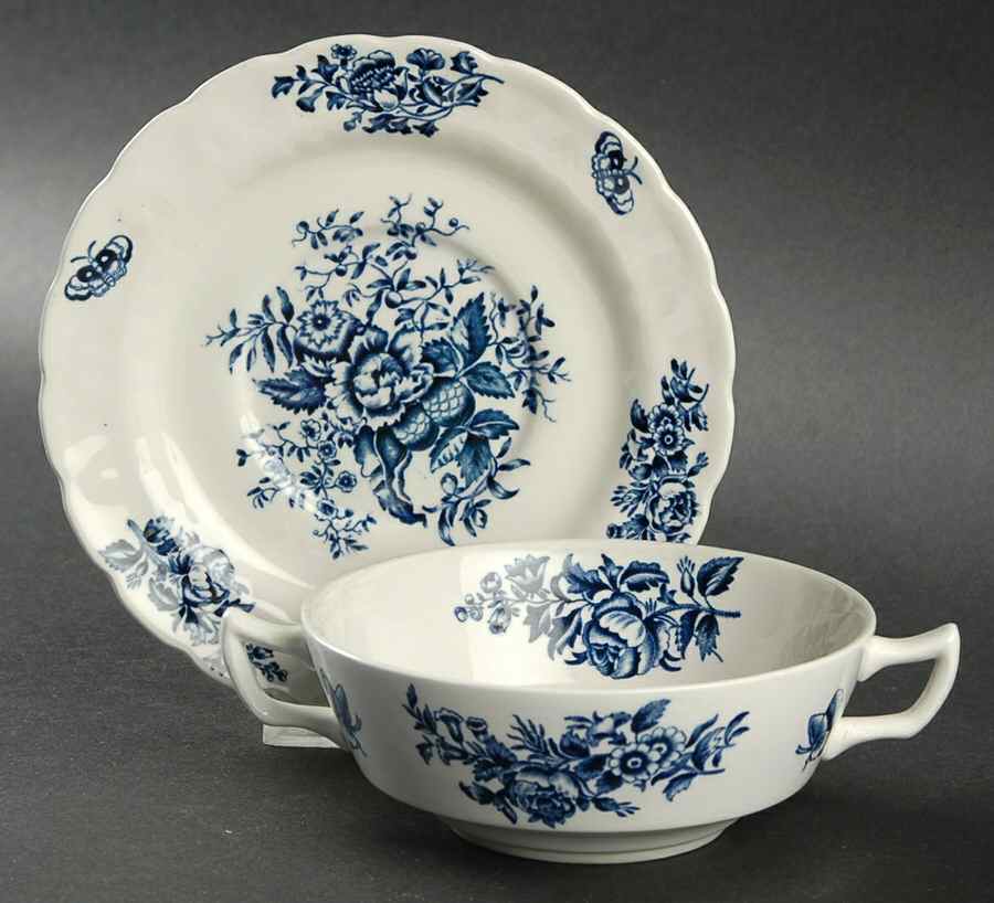 Peony Blue Flat Cream Soup Bowl & Saucer Set by Booths-1