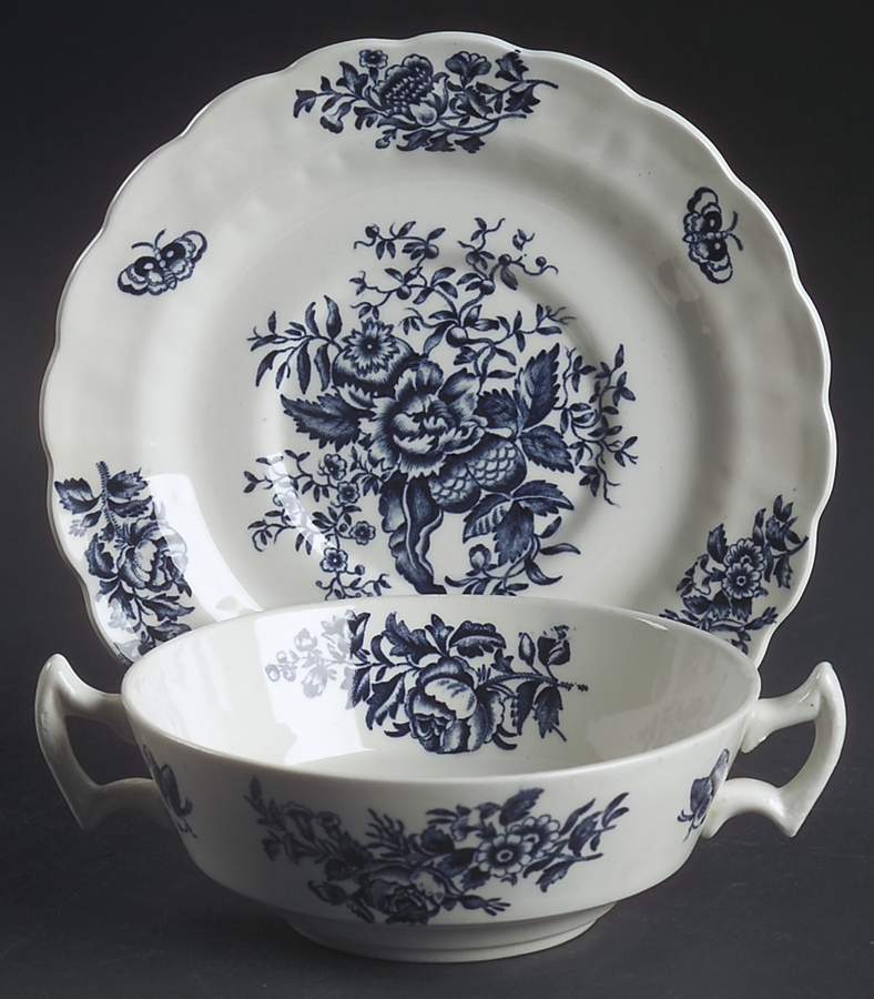 Peony Blue Flat Cream Soup Bowl & Saucer Set by Booths-1