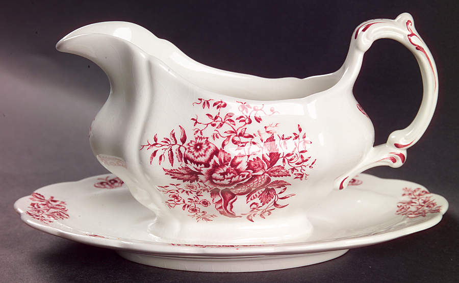 Peony Pink Gravy Boat with Attached Underplate by Booths-1