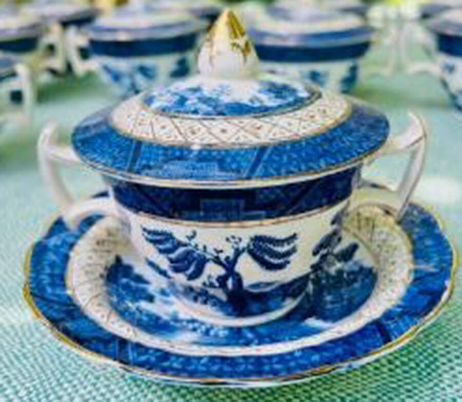 Real Old Willow Blue Footed Bouillon Cup and Saucer with Lid by Booths-1