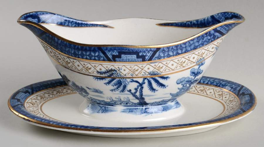 Real Old Willow Blue Gravy Boat with Attached Underplate by Booths-1