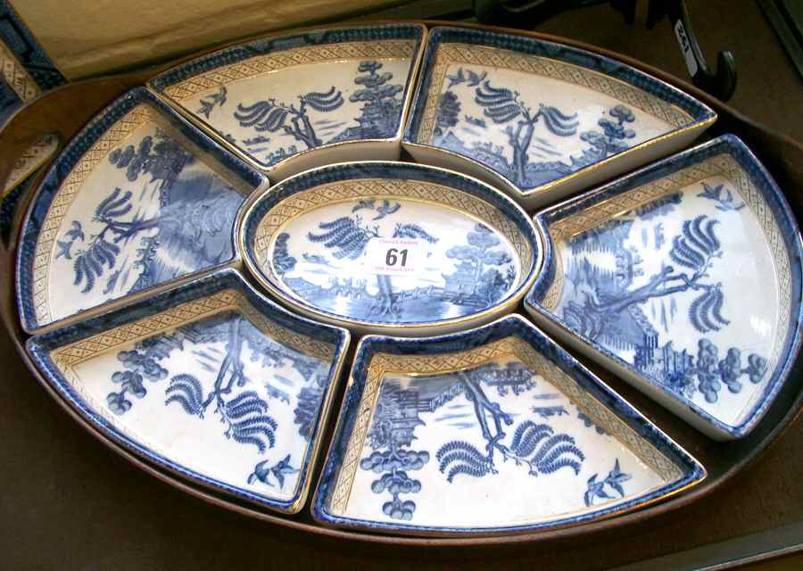 Real Old Willow Blue 8 Piece Sweet Meat Set (7 Piece on Wood Tray) by Booths-1