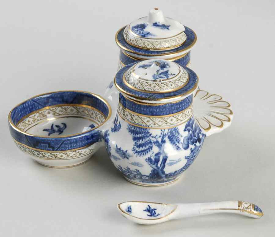 Real Old Willow Blue Condiment-Mustard W/Lid&Spoon, Pepper,Att.Opn.Salt by Booths-1