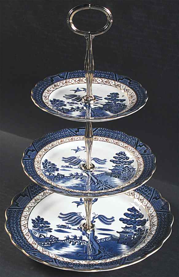 Real Old Willow Blue 13 7/8"-14 1/4" 3-Tiered Serving Tray(DP,SP,BB) HC by Booths-1