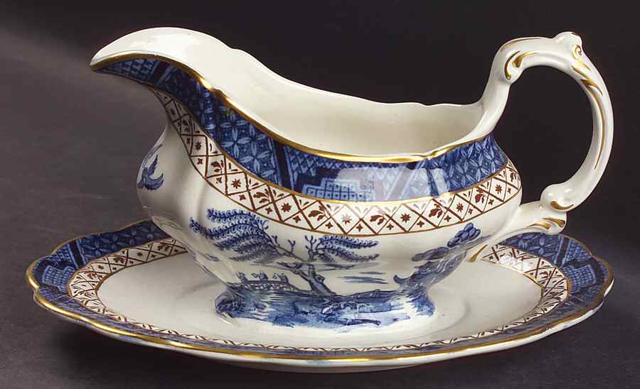 Real Old Willow Blue Gravy Boat with Attached Underplate by Booths-1