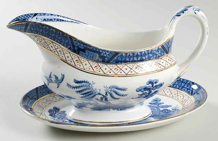 Real Old Willow Blue Gravy Boat & Underplate by Booths-1