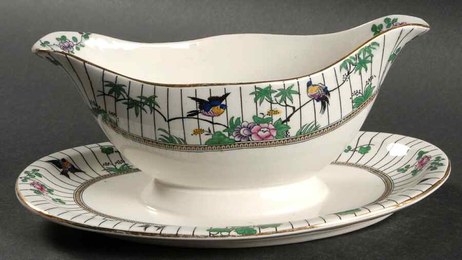 Springtime (Gold Trim) Gravy Boat with Attached Underplate by Booths-1