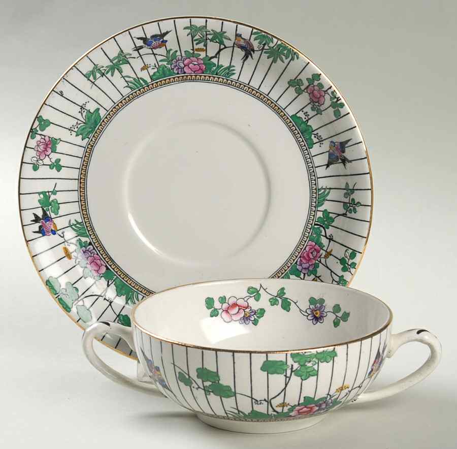 Springtime (Gold Trim) Flat Cream Soup Bowl & Saucer Set by Booths-1
