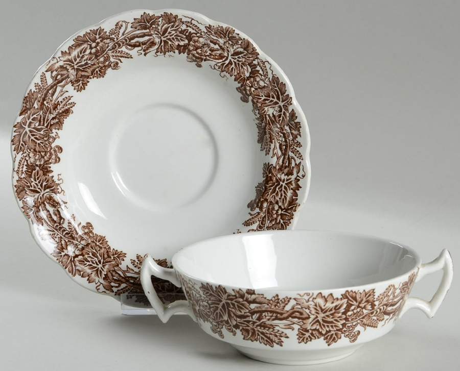 Vine and Wheat Brown Flat Cream Soup Bowl & Saucer Set by Booths-1