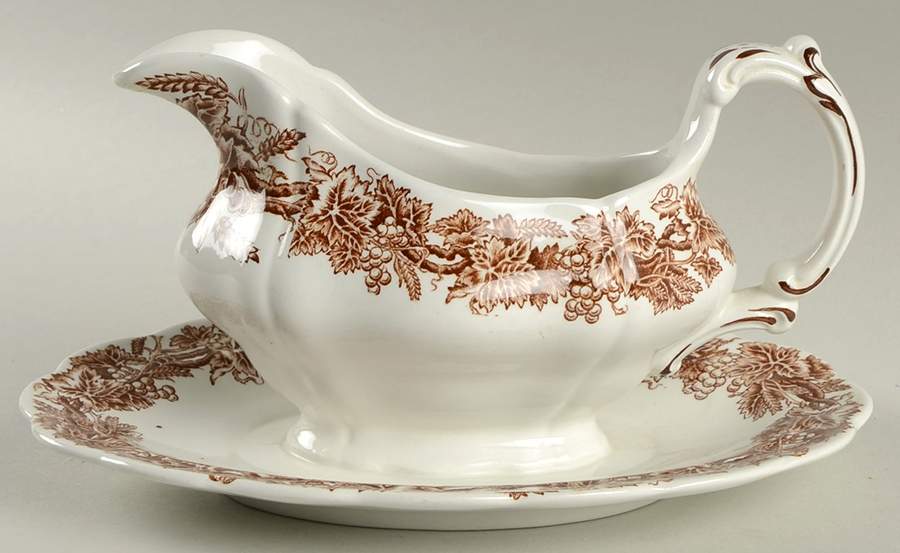 Vine and Wheat Brown Gravy Boat with Attached Underplate by Booths-1