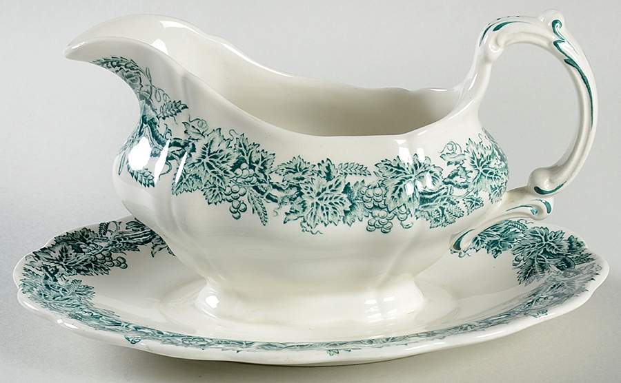 Vine and Wheat Green Gravy Boat with Attached Underplate by Booths-1