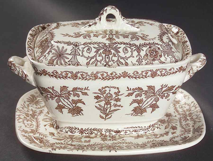 Lahore Brown (Brown Flowers) Sauce Boat & Lid with Underplate by T & R Boote-1