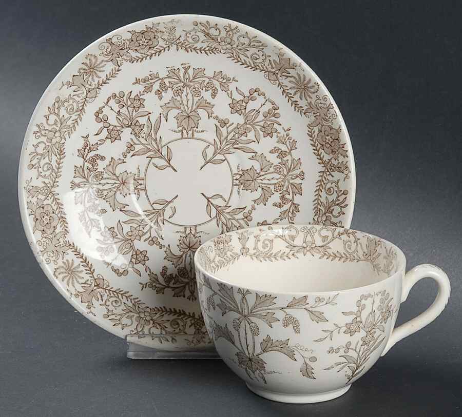 Lahore Brown (Brown Flowers) Flat Cup & Saucer Set by T & R Boote-1
