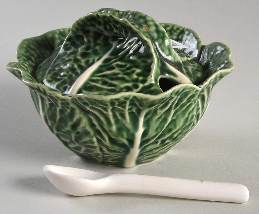 Cabbage Green Sugar Bowl & Lid W/Spoon by Bordallo Pinheiro-1