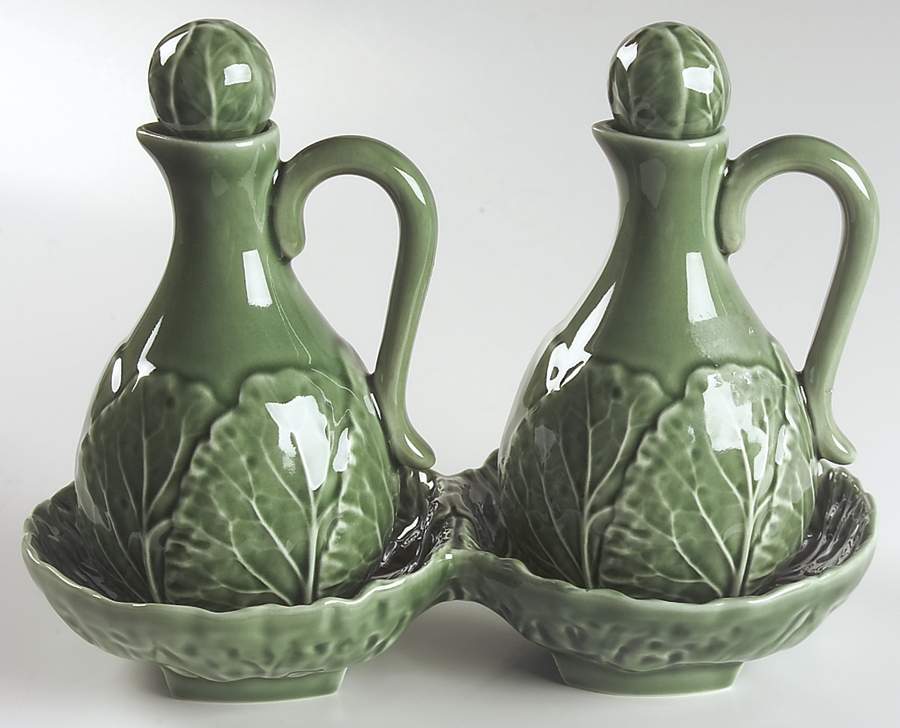Cabbage Green 2 Oil/Vinegar Cruets with Stoppers on Tray by Bordallo Pinheiro-1