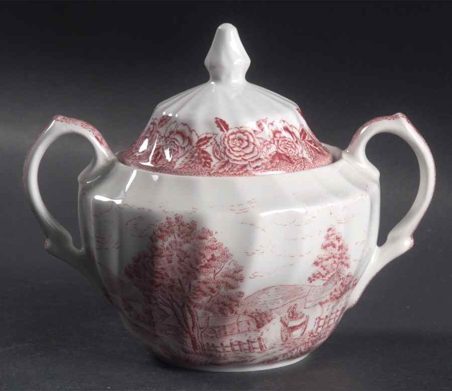 English Country Scenes Red Sugar Bowl & Lid by British Anchor-1