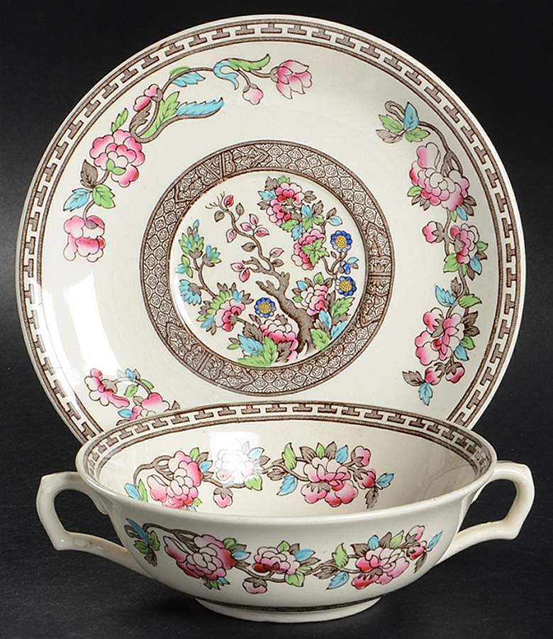 Ye Olde Indian Tree Flat Cream Soup Bowl & Saucer Set by Bridgwood & Son-1