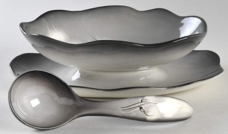 Smoke Tree Black Gray Gravy Boat Attached Underplate & Ladle by Sascha Brastoff-1