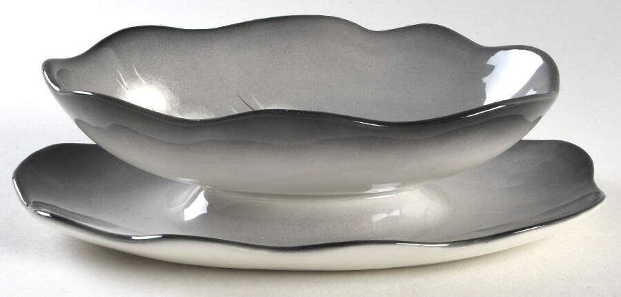 Smoke Tree Black Gray Gravy Boat with Attached Underplate by Sascha Brastoff-1