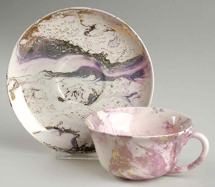 Surf Ballet (Pink & Gold) Flat Cup & Saucer Set by Sascha Brastoff-1