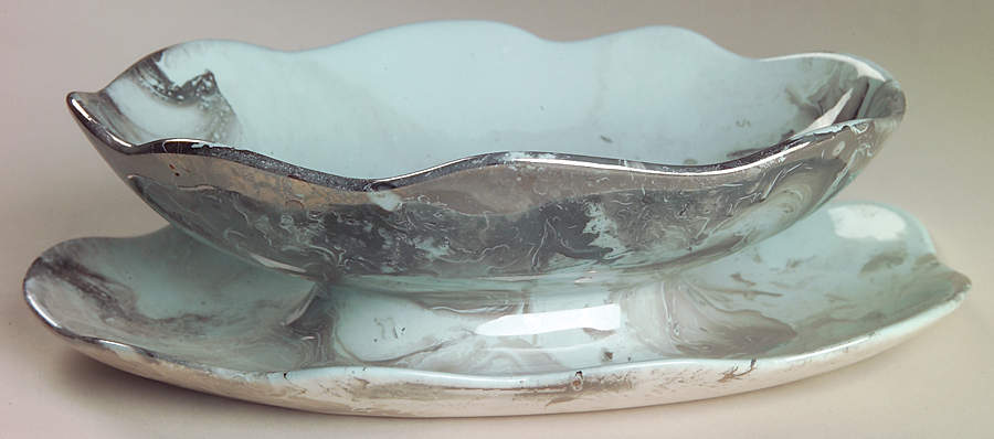 Surf Ballet (Turquoise & Platinum) Gravy Boat with Attached Underplate by Sascha Brastoff-1