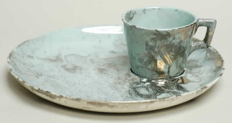 Surf Ballet (Turquoise & Platinum) Snack Plate & Cup Set by Sascha Brastoff-1