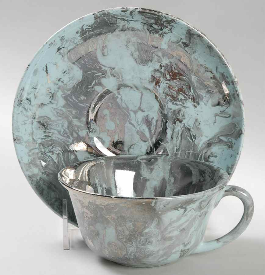 Surf Ballet (Turquoise & Platinum) Flat Cup & Saucer Set by Sascha Brastoff-1
