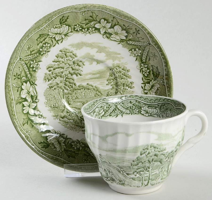 Old Castle Green Flat Cup & Saucer Set by Barratts-1