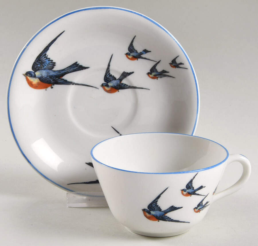 Blue Bird Flat Cup & Saucer Set by Buffalo Pottery-1