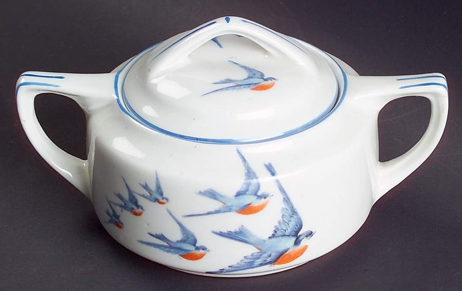 Blue Bird Sugar Bowl & Lid by Buffalo Pottery-1