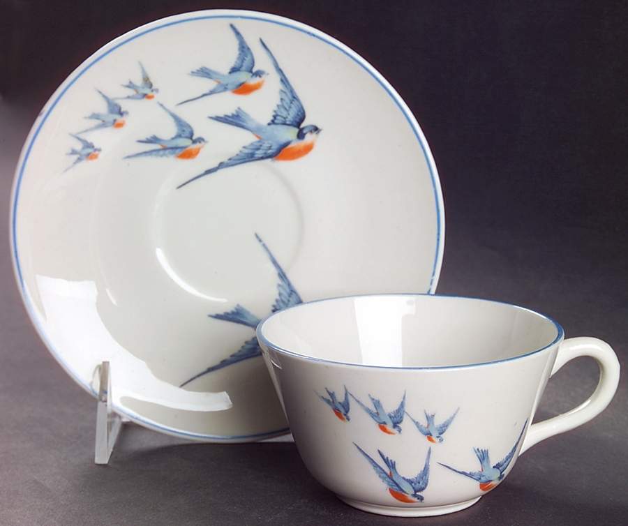 Blue Bird Flat Cup & Saucer Set by Buffalo Pottery-1