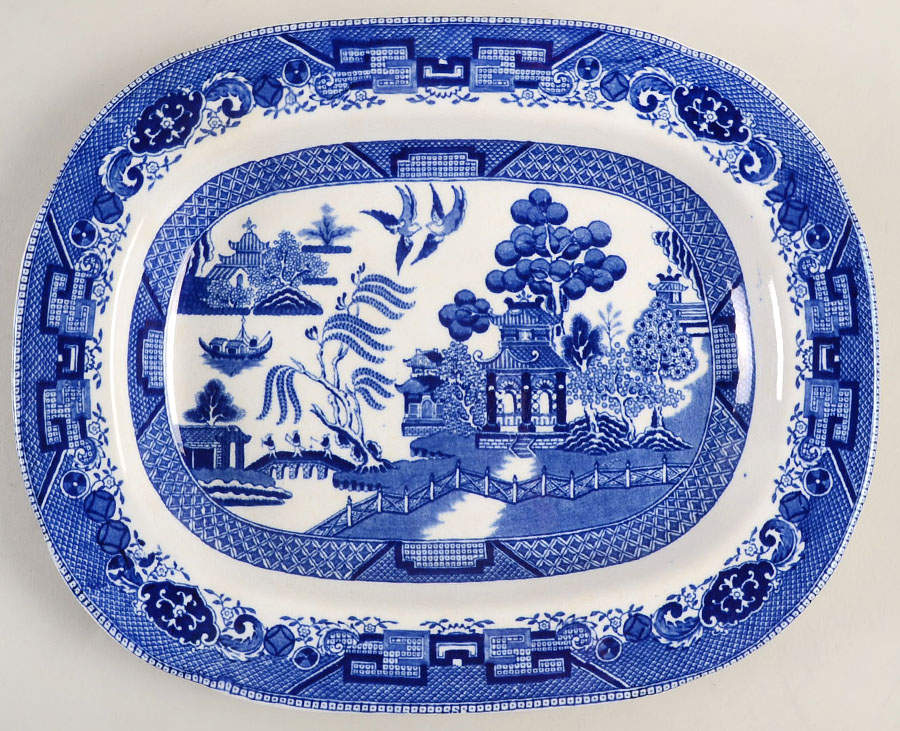 Blue Willow (Non Restaurant, No Trim) 12" Oval Serving Platter by Buffalo Pottery-1