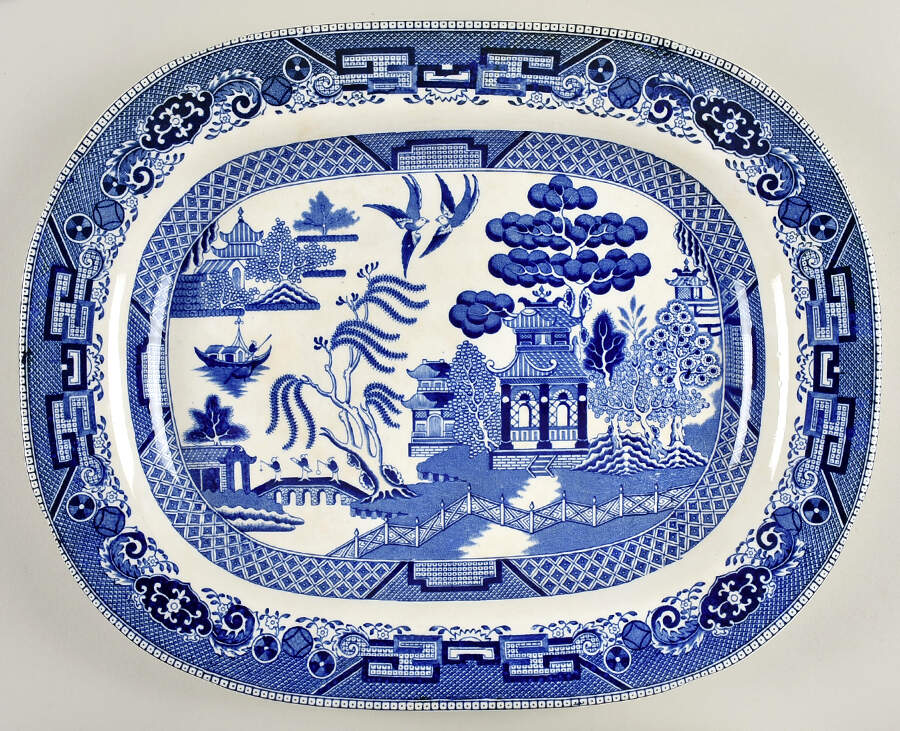 Blue Willow (Non Restaurant, No Trim) 15" Oval Serving Platter by Buffalo Pottery-1