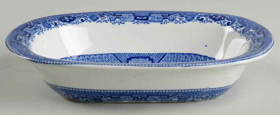 Blue Willow (Non Restaurant, No Trim) 8" Oval Vegetable Bowl by Buffalo Pottery-1