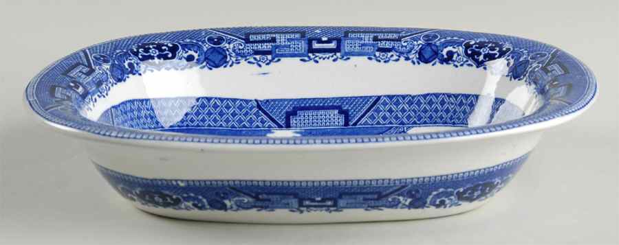 Blue Willow (Non Restaurant, No Trim) 9" Oval Vegetable Bowl by Buffalo Pottery-1