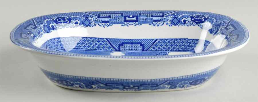 Blue Willow (Non Restaurant, No Trim) 9" Oval Vegetable Bowl by Buffalo Pottery-1