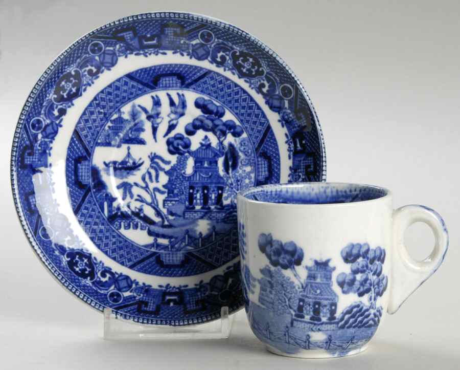 Blue Willow (Non Restaurant, No Trim) Flat Demitasse Cup & Saucer Set by Buffalo Pottery-1