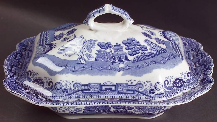 Blue Willow (Non Restaurant, No Trim) Rectangular Covered Vegetable by Buffalo Pottery-1
