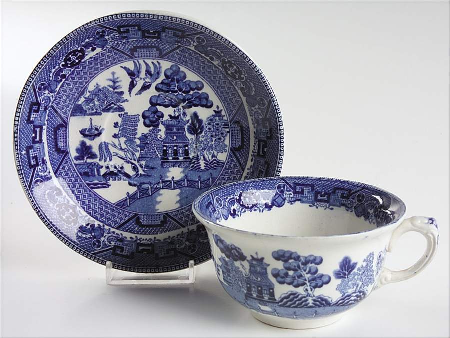 Blue Willow (Non Restaurant, No Trim) Flat Cup & Saucer Set by Buffalo Pottery-1