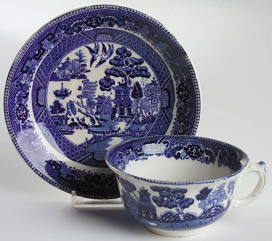 Blue Willow (Non Restaurant, No Trim) Flat Cup & Saucer Set by Buffalo Pottery-1
