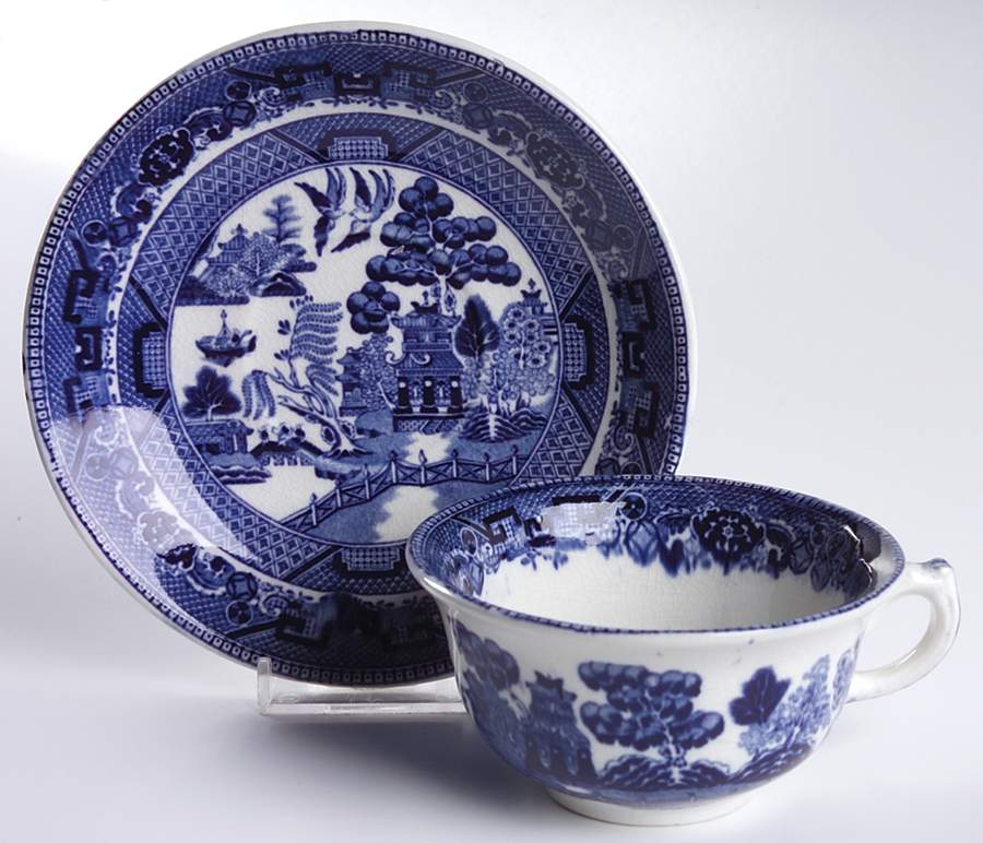 Blue Willow (Non Restaurant, No Trim) Flat Cup & Saucer Set by Buffalo Pottery-1