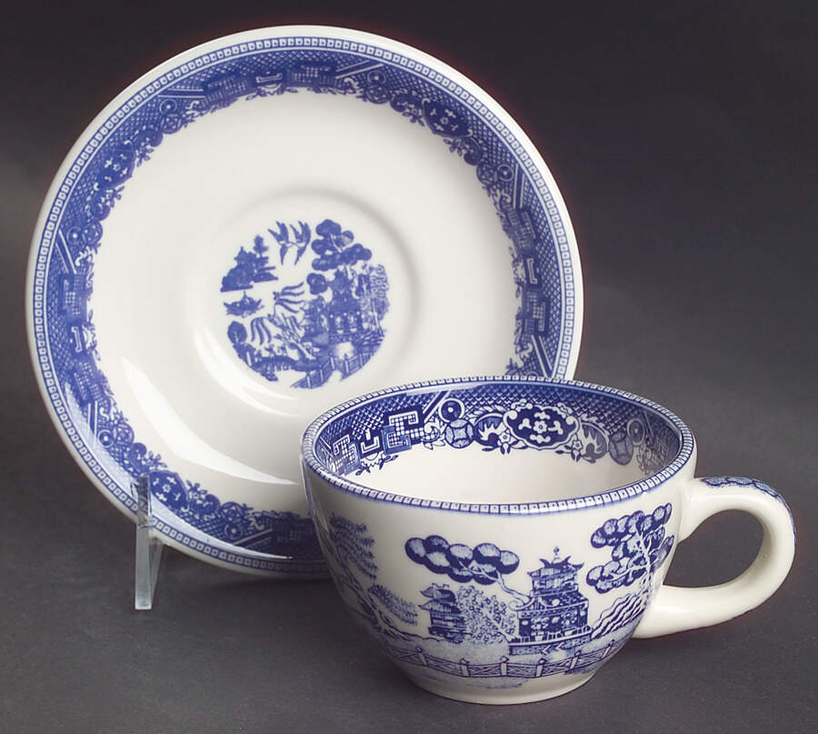 Blue Willow (Restaurant Ware) Flat Cup & Saucer Set by Buffalo Pottery-1