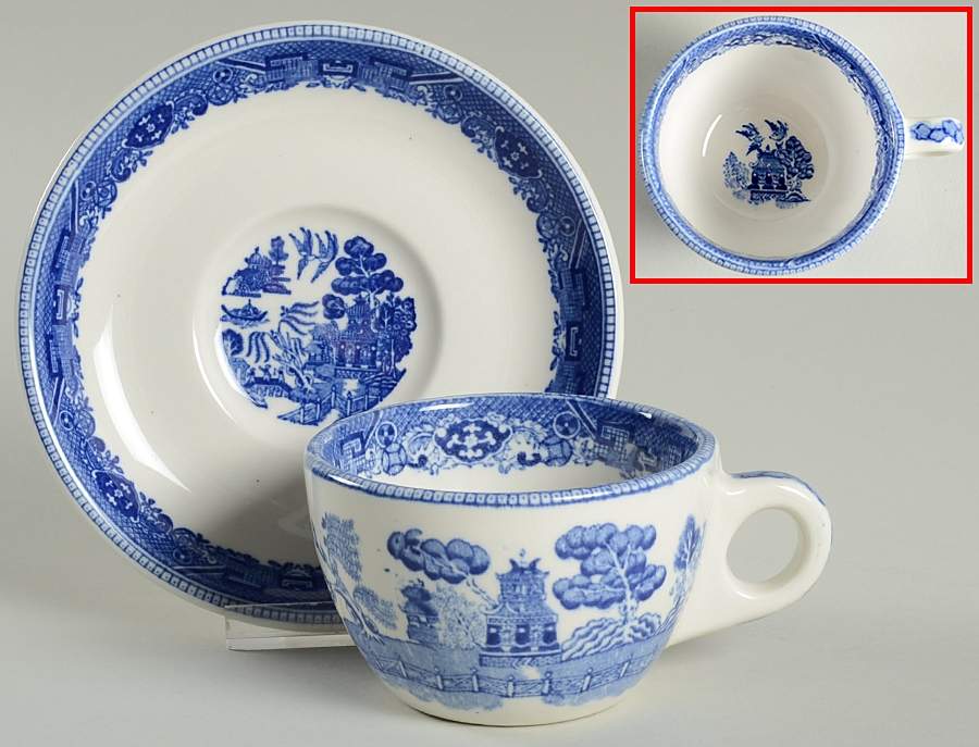 Blue Willow (Restaurant Ware) Flat Cup & Saucer Set by Buffalo Pottery-1